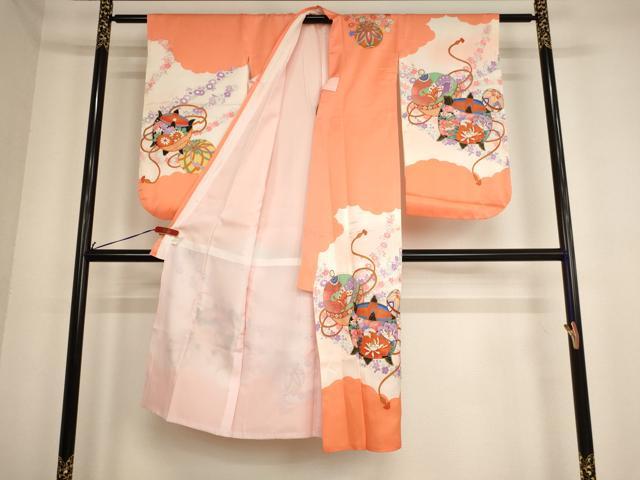 平和屋着物[]七五三　女の子　７歳　祝着　四つ身　糸巻　鈴　花蝶文　金彩　AABE2131ja