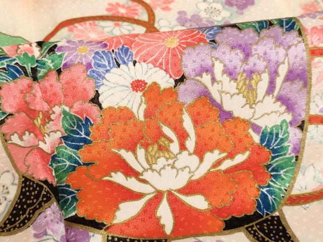 平和屋着物[]七五三　女の子　７歳　祝着　四つ身　糸巻　鈴　花蝶文　金彩　AABE2131ja