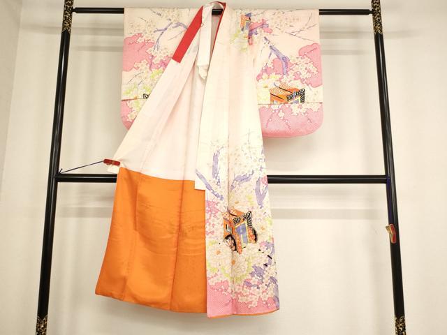 平和屋着物[]七五三　女の子　７歳　祝着　四つ身　駒刺繍　御所車花文　AABE2133ja