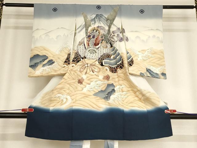 平和屋着物[]お宮参り　男の子　祝着　産着　初着　のしめ　兜　立波風景文　暈し染め　金彩　逸品　AABE2135ja
