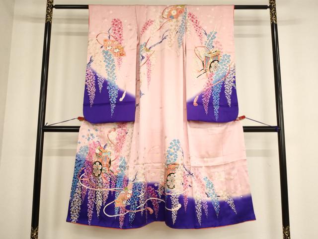 平和屋着物[]七五三　女の子　７歳　祝着　四つ身　駒刺繍　御所車花文　暈し染め　金彩　逸品　AABE2136ja