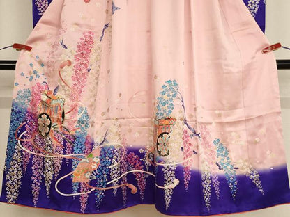 平和屋着物[]七五三　女の子　７歳　祝着　四つ身　駒刺繍　御所車花文　暈し染め　金彩　逸品　AABE2136ja