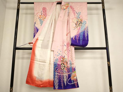 平和屋着物[]七五三　女の子　７歳　祝着　四つ身　駒刺繍　御所車花文　暈し染め　金彩　逸品　AABE2136ja