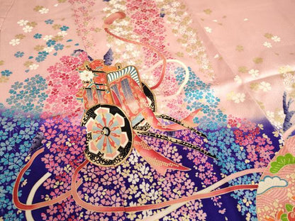 平和屋着物[]七五三　女の子　７歳　祝着　四つ身　駒刺繍　御所車花文　暈し染め　金彩　逸品　AABE2136ja