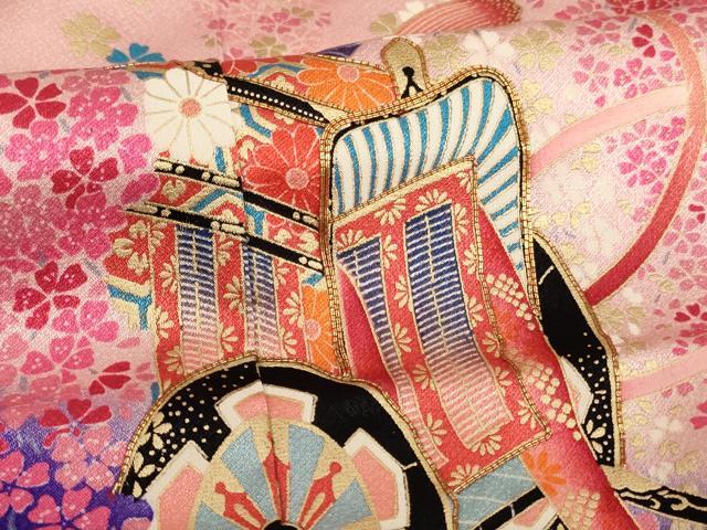 平和屋着物[]七五三　女の子　７歳　祝着　四つ身　駒刺繍　御所車花文　暈し染め　金彩　逸品　AABE2136ja