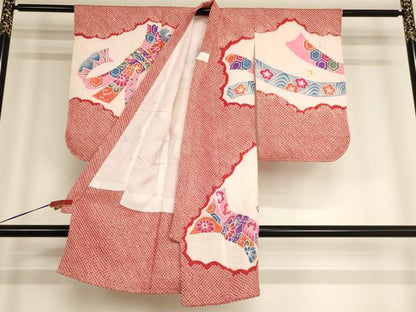 平和屋着物[]七五三　女の子　３歳　祝着　一つ身　総絞り　駒刺繍　束ね熨斗文　逸品　AABE2137ja