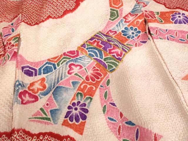 平和屋着物[]七五三　女の子　３歳　祝着　一つ身　総絞り　駒刺繍　束ね熨斗文　逸品　AABE2137ja