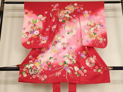 平和屋着物[]七五三　女の子　３歳　祝着　一つ身　刺繍　鈴花文　暈し染め　金糸　金彩　逸品　AABE2138ja