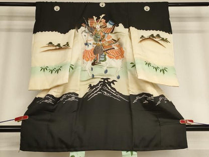 平和屋着物[]お宮参り　男の子　祝着　産着　初着　のしめ　手描き　駒刺繍　騎馬武者　暈し染め　金彩　逸品　AABE2139ja