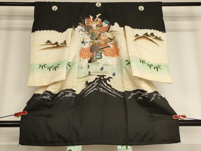平和屋着物[]お宮参り　男の子　祝着　産着　初着　のしめ　手描き　駒刺繍　騎馬武者　暈し染め　金彩　逸品　AABE2139ja