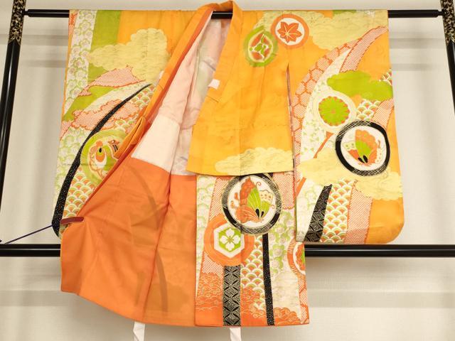 平和屋着物[]七五三　女の子　３歳　祝着　三つ身　駒刺繍　花蝶丸文　金彩　AABE2144ja