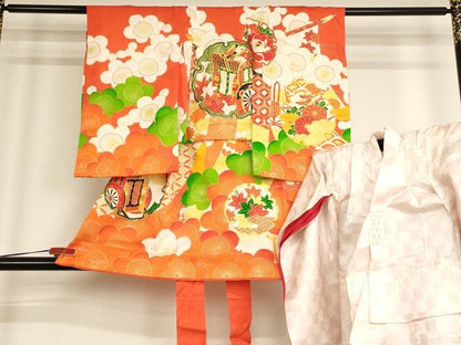 平和屋着物[]七五三　女の子　３歳　祝着　三つ身　長襦袢セット　駒刺繍　雪輪御所車花文　金彩　逸品　AABE2145ja