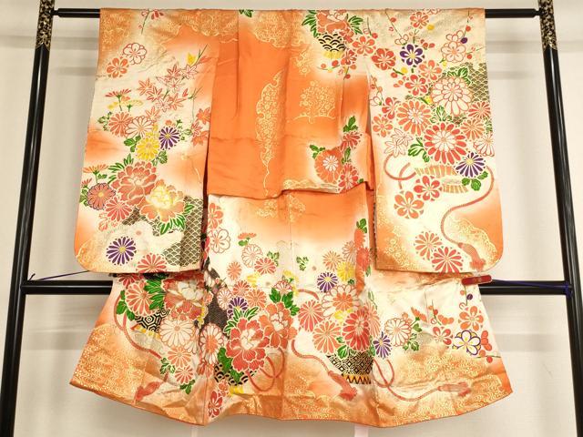 平和屋着物[]七五三　女の子　5歳　祝着　駒刺繍　草花文　暈し染め　金彩　逸品　AABE2147ja