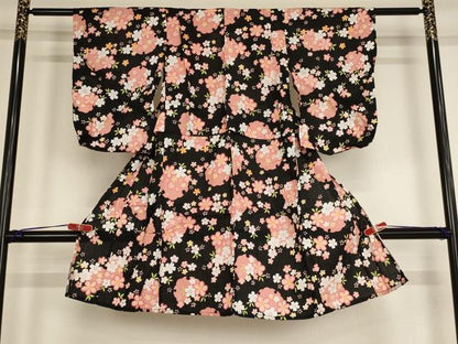 平和屋着物∴夏物 子供 女の子 浴衣 雪輪花文 ラメ系 黒地 AABE2148ja