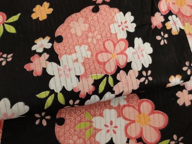 平和屋着物∴夏物 子供 女の子 浴衣 雪輪花文 ラメ系 黒地 AABE2148ja