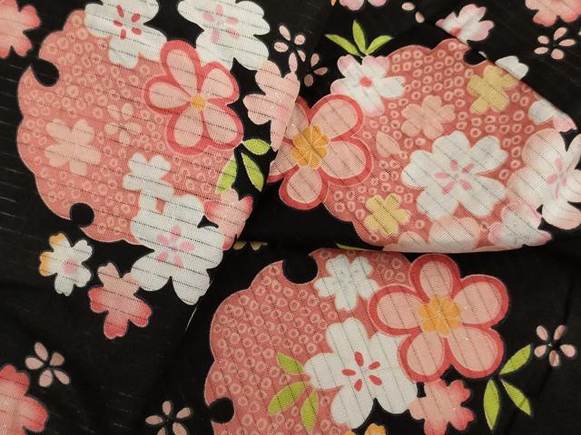 平和屋着物∴夏物 子供 女の子 浴衣 雪輪花文 ラメ系 黒地 AABE2148ja