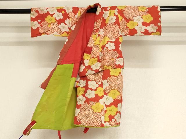 平和屋着物[]アンティーク　大正ロマン　七五三　女の子　３歳　祝着　一つ身　舞梅文　逸品　AABE2152ja
