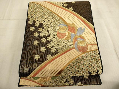 平和屋着物∵子供　全通柄袋帯　唐織　鴛鴦花文　黒地　金糸　逸品　AABE2158ja