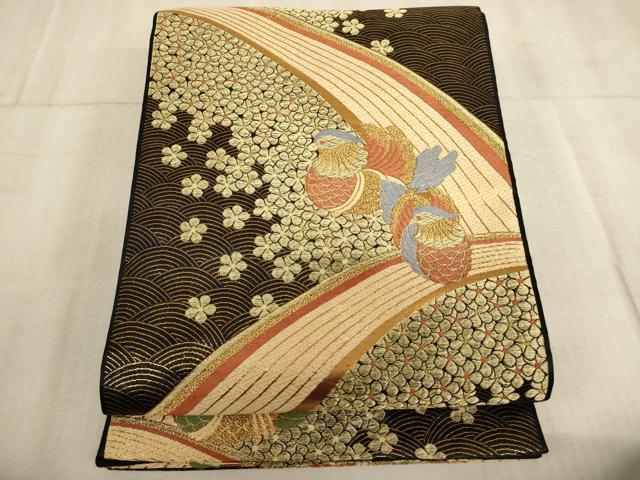 平和屋着物∵子供　全通柄袋帯　唐織　鴛鴦花文　黒地　金糸　逸品　AABE2158ja