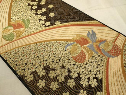 平和屋着物∵子供　全通柄袋帯　唐織　鴛鴦花文　黒地　金糸　逸品　AABE2158ja