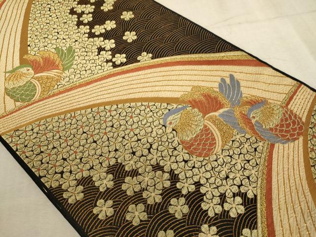 平和屋着物∵子供　全通柄袋帯　唐織　鴛鴦花文　黒地　金糸　逸品　AABE2158ja