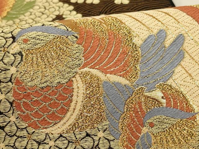 平和屋着物∵子供　全通柄袋帯　唐織　鴛鴦花文　黒地　金糸　逸品　AABE2158ja