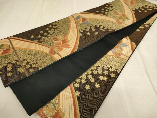 平和屋着物∵子供　全通柄袋帯　唐織　鴛鴦花文　黒地　金糸　逸品　AABE2158ja