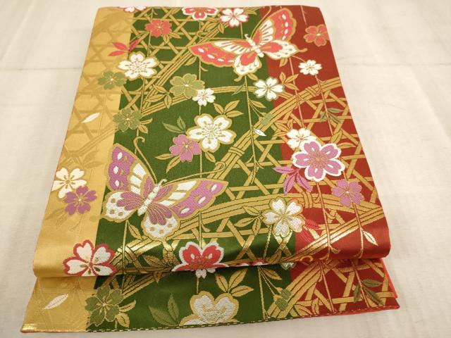 平和屋着物∵子供　全通柄袋帯　篭目舞蝶桜文　金糸　AABE2159ja