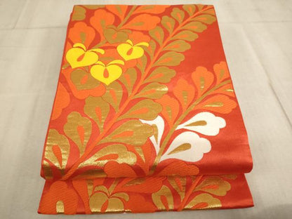 平和屋着物∵子供　全通柄袋帯　桐生織　草花文　金糸　逸品　AABE2160ja