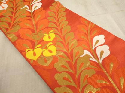 平和屋着物∵子供　全通柄袋帯　桐生織　草花文　金糸　逸品　AABE2160ja