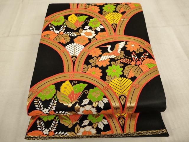 平和屋着物[]子供 全通柄袋帯 青海波 飛鶴花蝶文 黒地 金糸 逸品 AABE2161ja