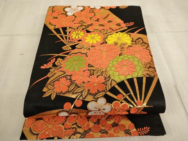 平和屋着物∵子供　全通柄袋帯　唐織　扇面花文　黒地　金糸　AABE2162ja