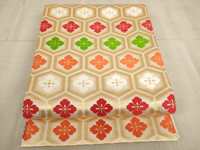 平和屋着物∵子供　全通柄袋帯　唐織　亀甲花菱文　金糸　逸品　AABE2163ja