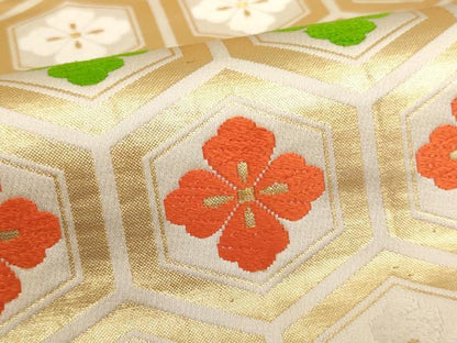 平和屋着物∵子供　全通柄袋帯　唐織　亀甲花菱文　金糸　逸品　AABE2163ja