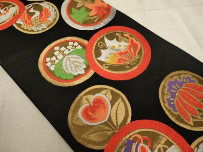 平和屋着物[]子供 全通柄袋帯 唐織 花蝶丸文 黒地 金銀糸 逸品 AABE2164ja
