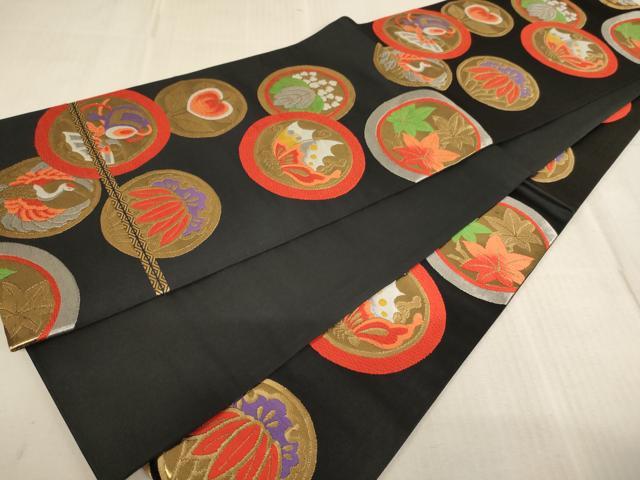 平和屋着物[]子供 全通柄袋帯 唐織 花蝶丸文 黒地 金銀糸 逸品 AABE2164ja