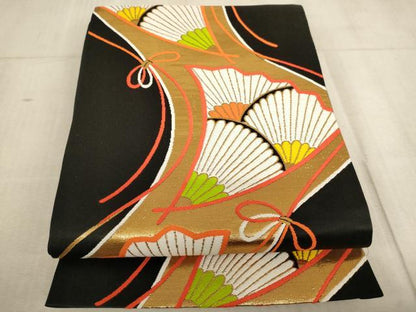 平和屋着物∵子供　全通柄袋帯　舞扇菊文　黒地　金糸　逸品　AABE2165ja