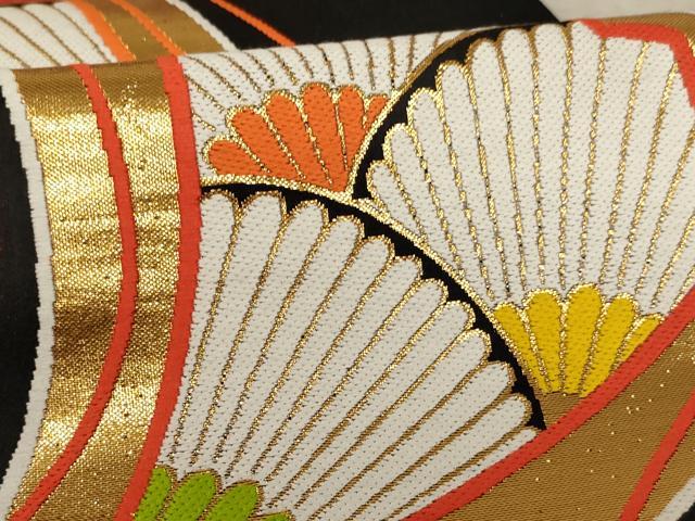 平和屋着物∵子供　全通柄袋帯　舞扇菊文　黒地　金糸　逸品　AABE2165ja