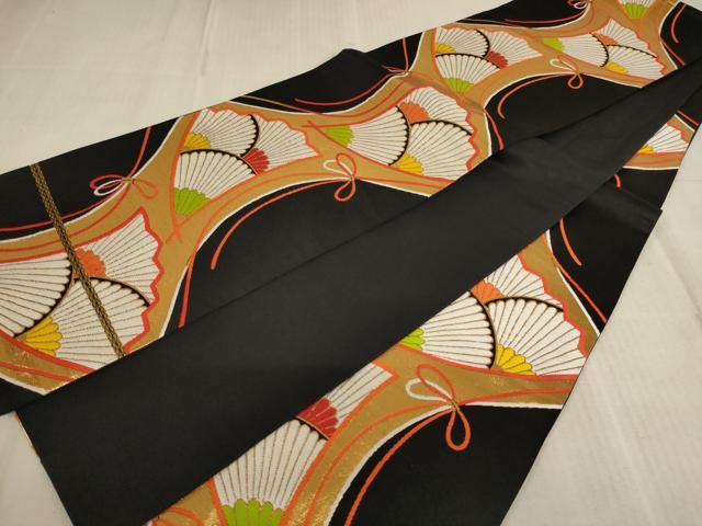 平和屋着物∵子供　全通柄袋帯　舞扇菊文　黒地　金糸　逸品　AABE2165ja