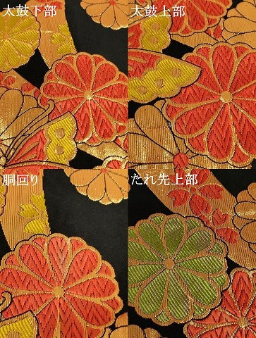 平和屋着物∵子供　全通柄袋帯　唐織　花蝶文　黒地　金糸　AABE2171ja