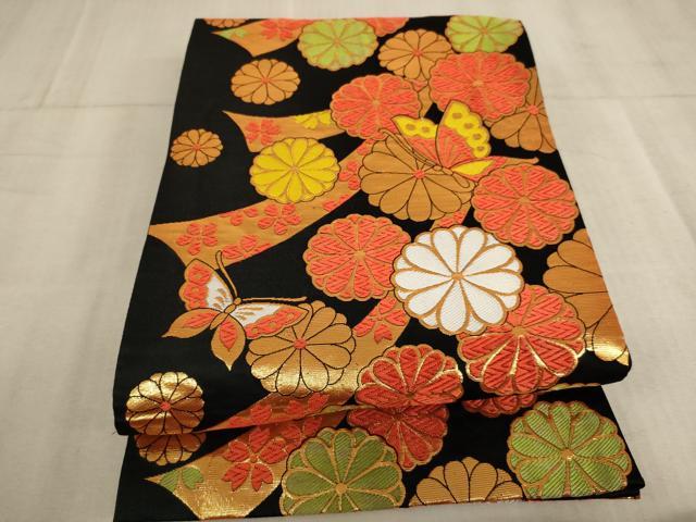 平和屋着物∵子供　全通柄袋帯　唐織　花蝶文　黒地　金糸　AABE2171ja