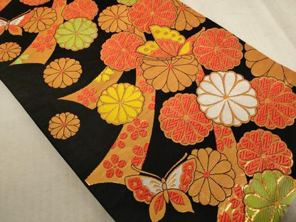 平和屋着物∵子供　全通柄袋帯　唐織　花蝶文　黒地　金糸　AABE2171ja