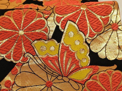 平和屋着物∵子供　全通柄袋帯　唐織　花蝶文　黒地　金糸　AABE2171ja
