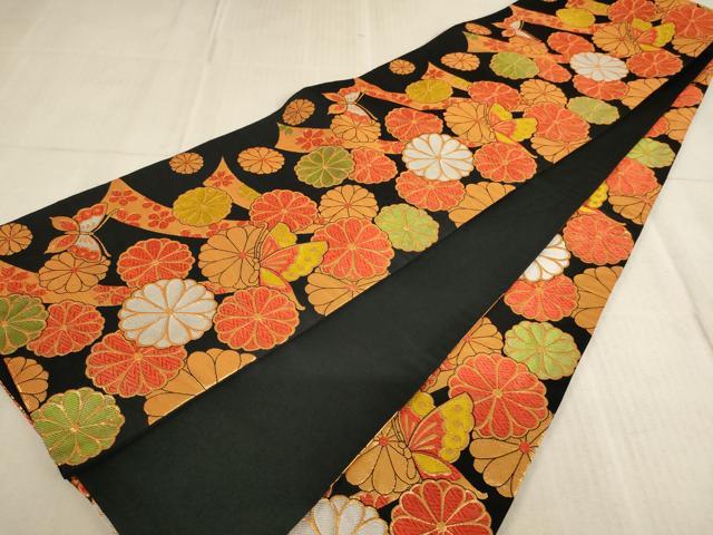 平和屋着物∵子供　全通柄袋帯　唐織　花蝶文　黒地　金糸　AABE2171ja