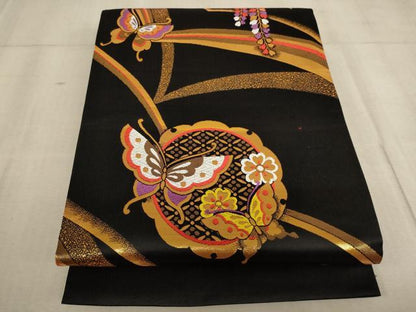 平和屋着物∵子供　全通柄袋帯　唐織　雪輪花蝶文　黒地　金糸　逸品　AABE2173ja