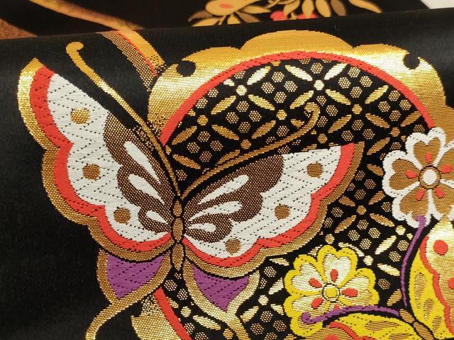 平和屋着物∵子供　全通柄袋帯　唐織　雪輪花蝶文　黒地　金糸　逸品　AABE2173ja