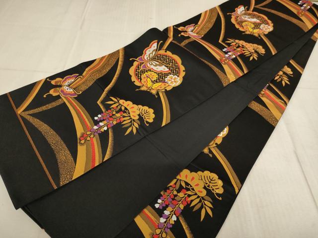 平和屋着物∵子供　全通柄袋帯　唐織　雪輪花蝶文　黒地　金糸　逸品　AABE2173ja
