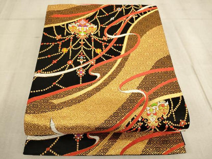 平和屋着物∵子供　全通柄袋帯　唐織　舞花文　黒地　金糸　逸品　未使用　AABE2175ja
