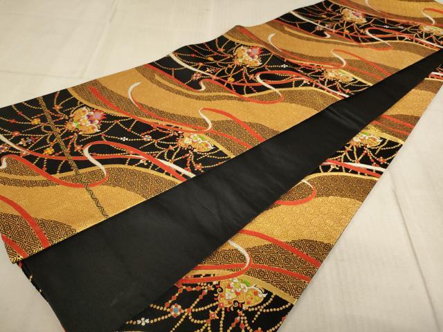 平和屋着物∵子供　全通柄袋帯　唐織　舞花文　黒地　金糸　逸品　未使用　AABE2175ja