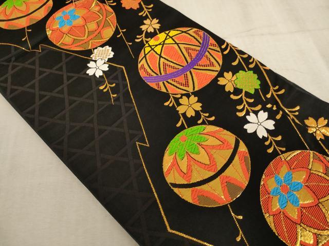 平和屋着物∵子供　全通柄袋帯　唐織　枝垂れ桜手毬文　黒地　金糸　逸品　未使用　AABE2177ja